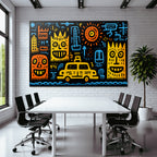PopArt Bunte Stadtszene Mit Taxi Und Abstrakten Formen