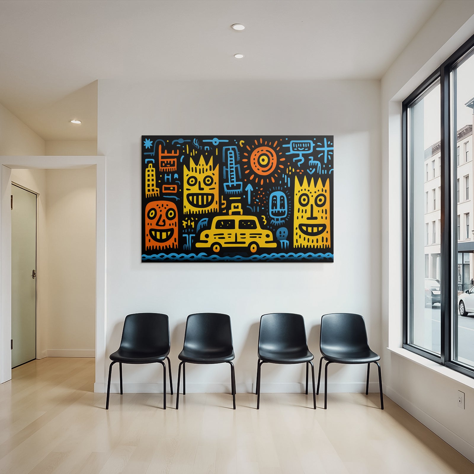 PopArt Bunte Stadtszene Mit Taxi Und Abstrakten Formen
