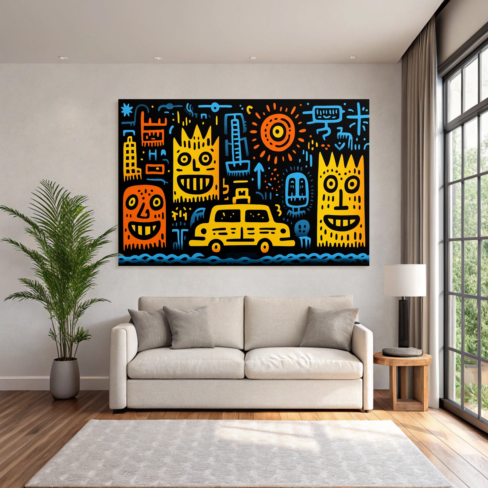 PopArt Bunte Stadtszene Mit Taxi Und Abstrakten Formen