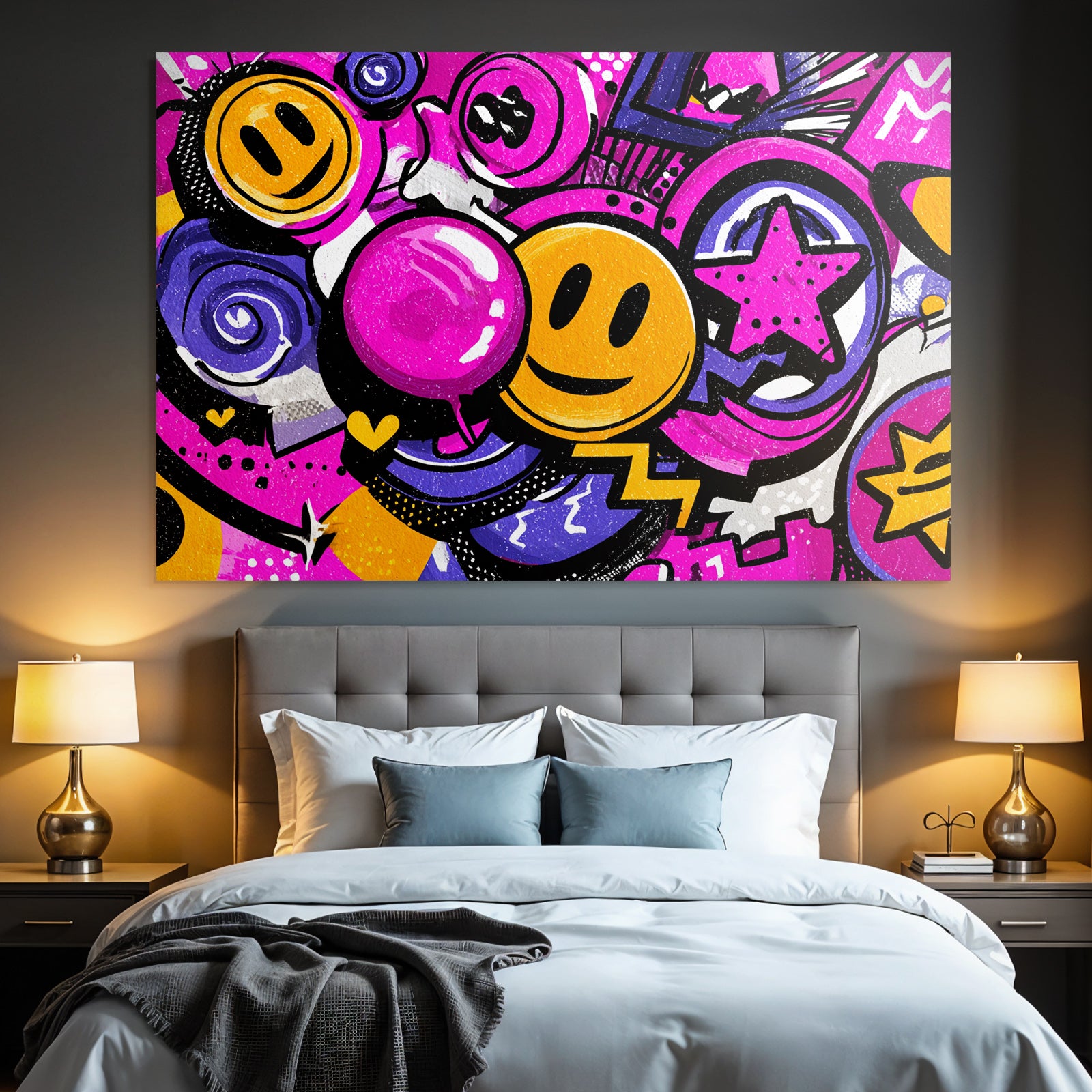 PopArt Bunte Vibrante Grafikdesign Mit Smileys Wirbeln Sternen Und Sprechblasen