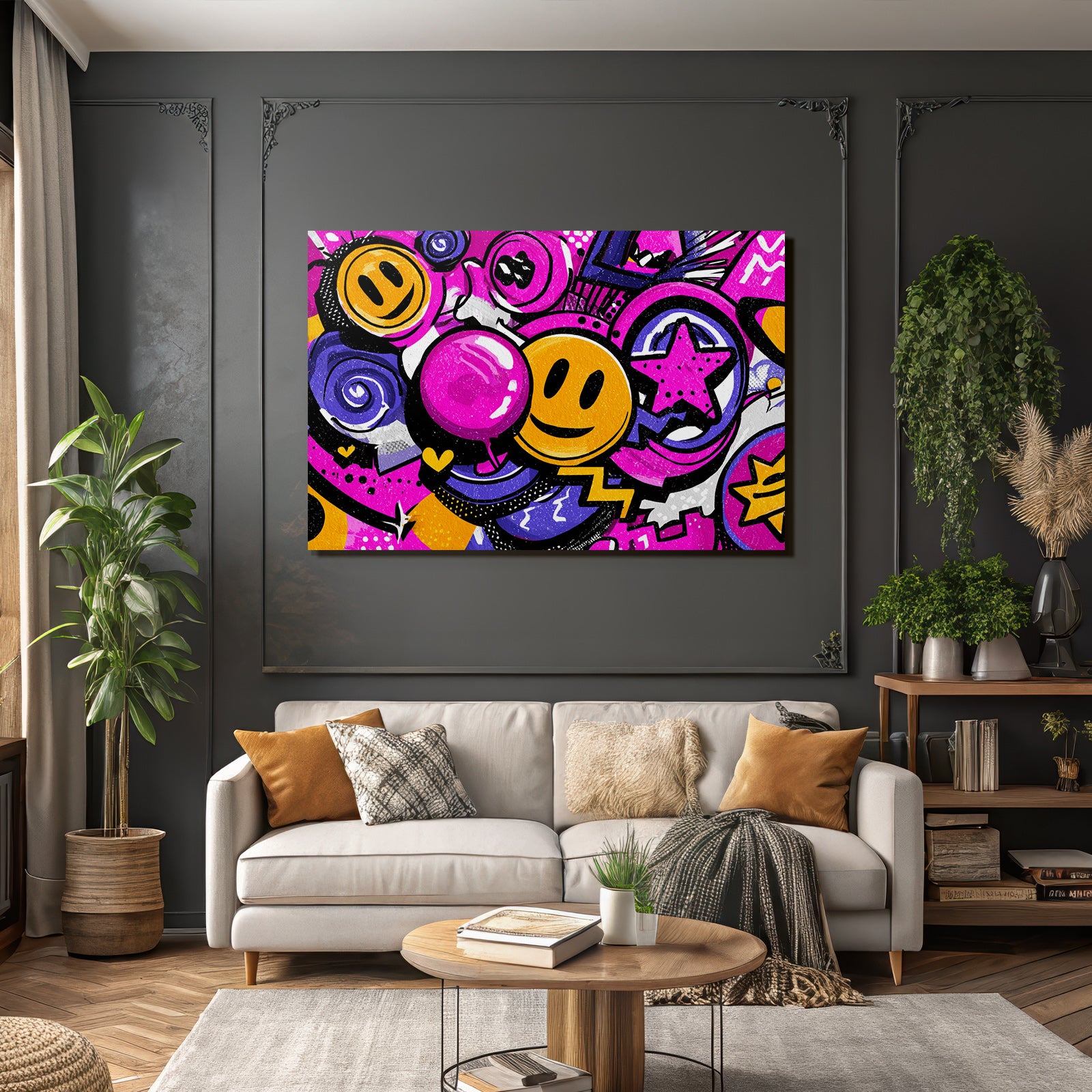PopArt Bunte Vibrante Grafikdesign Mit Smileys Wirbeln Sternen Und Sprechblasen