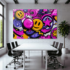 PopArt Bunte Vibrante Grafikdesign Mit Smileys Wirbeln Sternen Und Sprechblasen