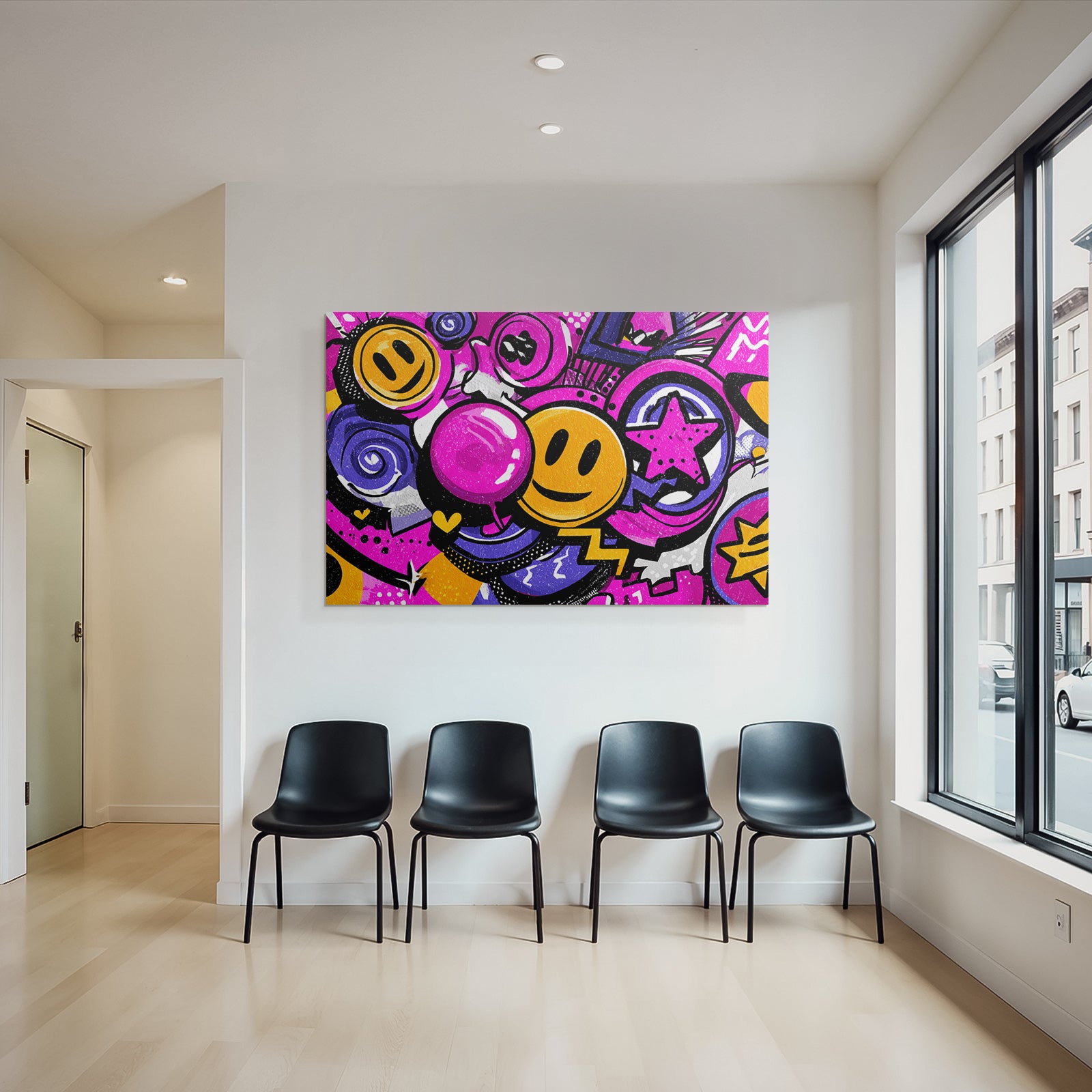 PopArt Bunte Vibrante Grafikdesign Mit Smileys Wirbeln Sternen Und Sprechblasen