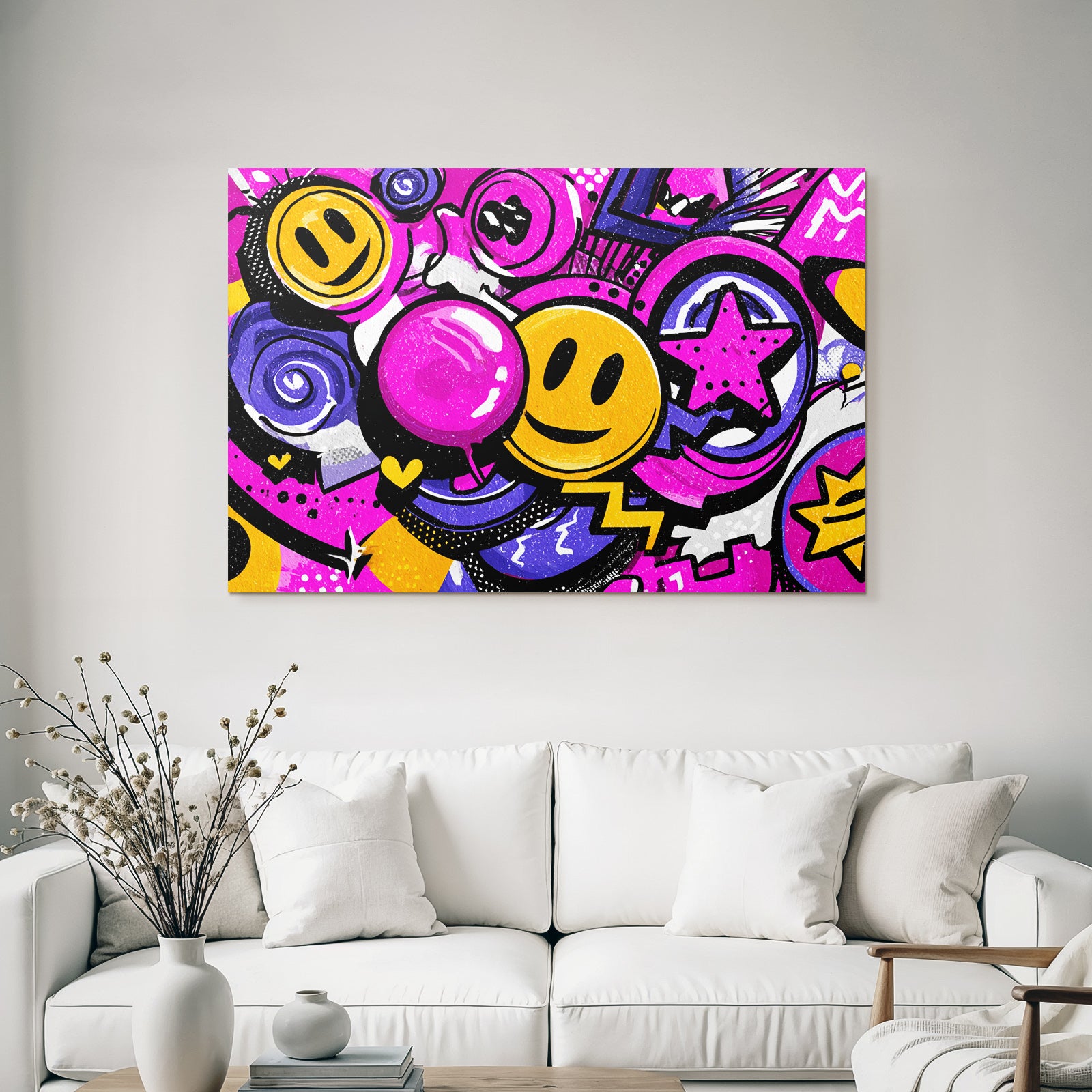 PopArt Bunte Vibrante Grafikdesign Mit Smileys Wirbeln Sternen Und Sprechblasen