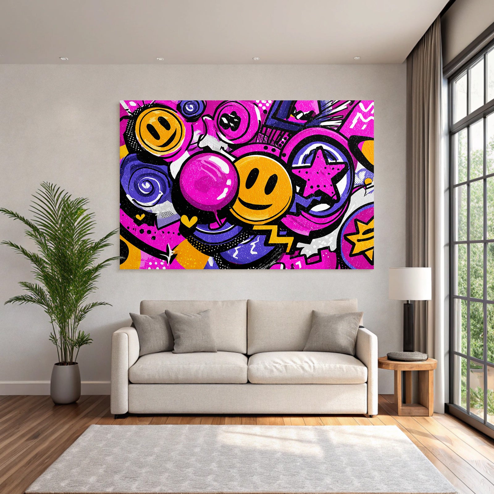 PopArt Bunte Vibrante Grafikdesign Mit Smileys Wirbeln Sternen Und Sprechblasen