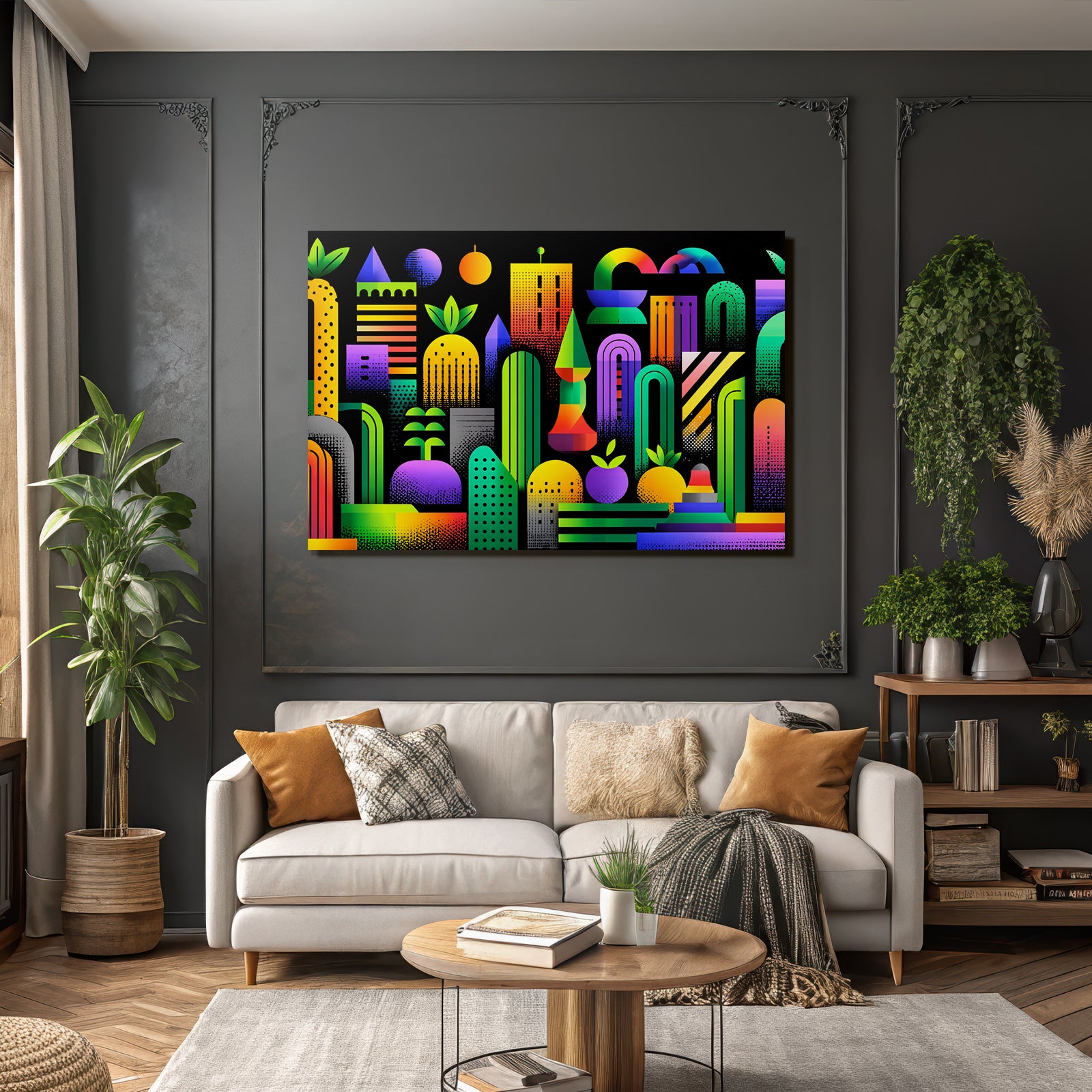 PopArt Buntes Abstraktes Design Geometrische Formen Pflanzen Früchte