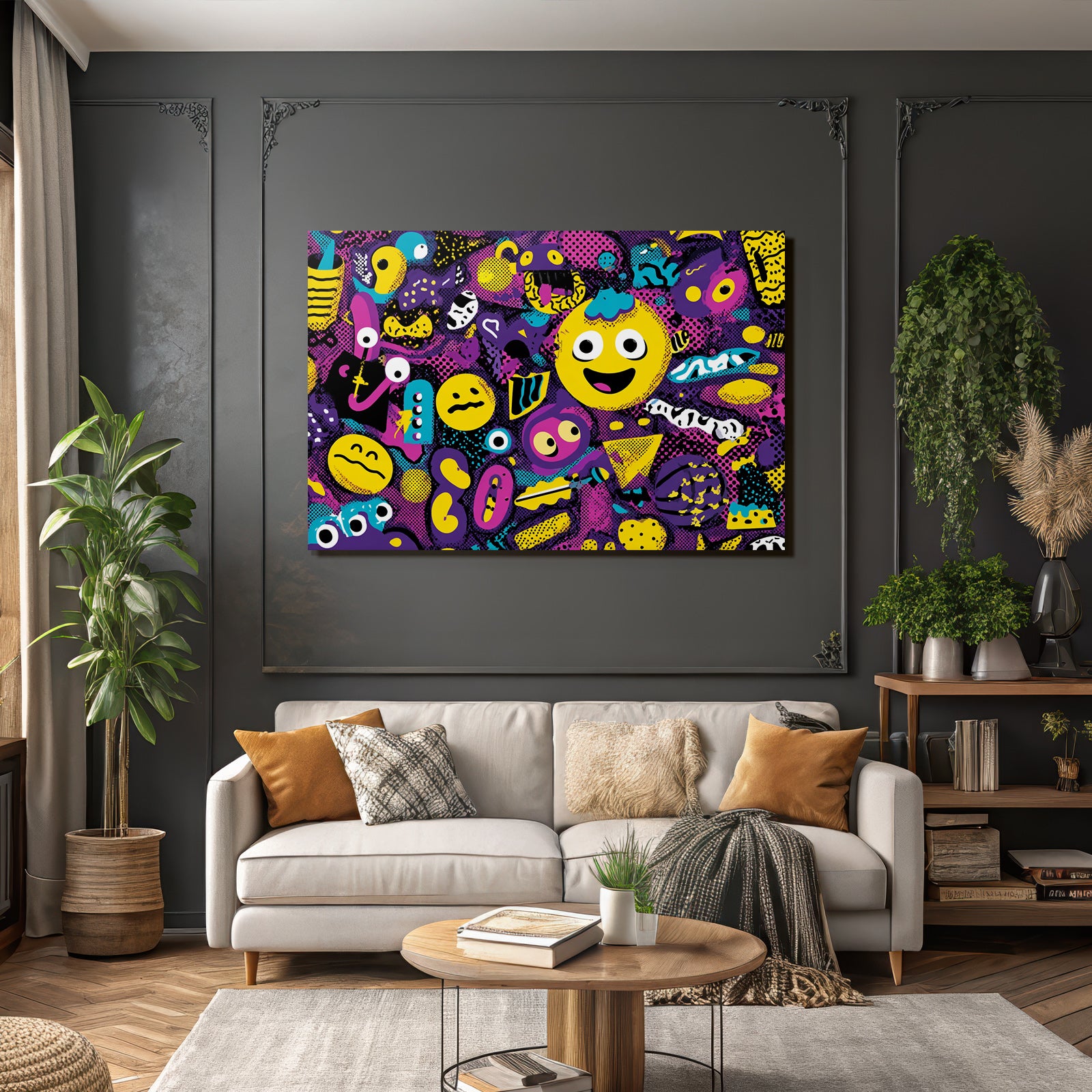 PopArt Buntes Abstraktes Design Mit Cartoonfiguren Und Spielerischen Elementen