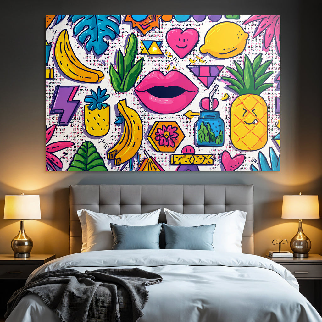 PopArt Buntes Tropisches Muster Mit Obst Blatt Geometrie Und Lippen