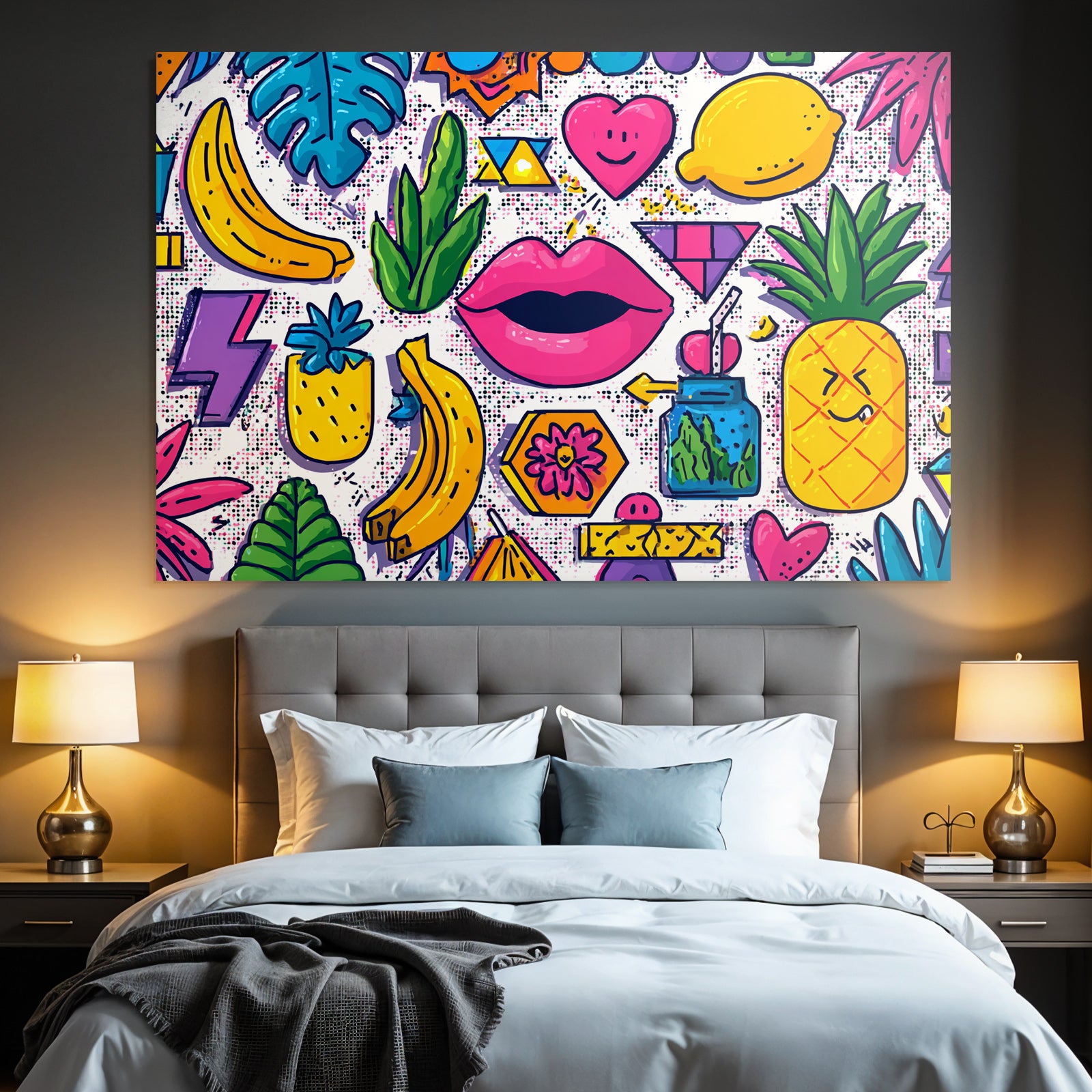 PopArt Buntes Tropisches Muster Mit Obst Blatt Geometrie Und Lippen