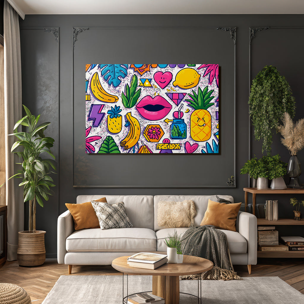 PopArt Buntes Tropisches Muster Mit Obst Blatt Geometrie Und Lippen