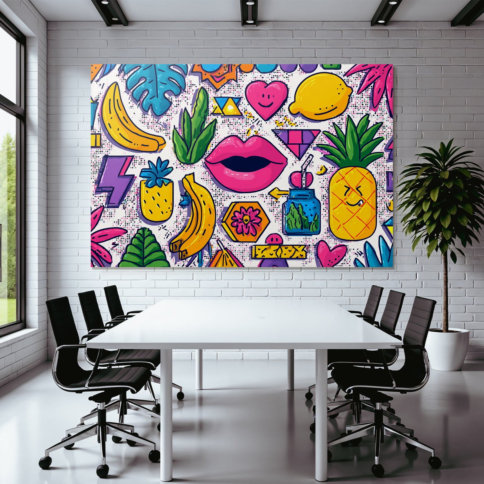 PopArt Buntes Tropisches Muster Mit Obst Blatt Geometrie Und Lippen