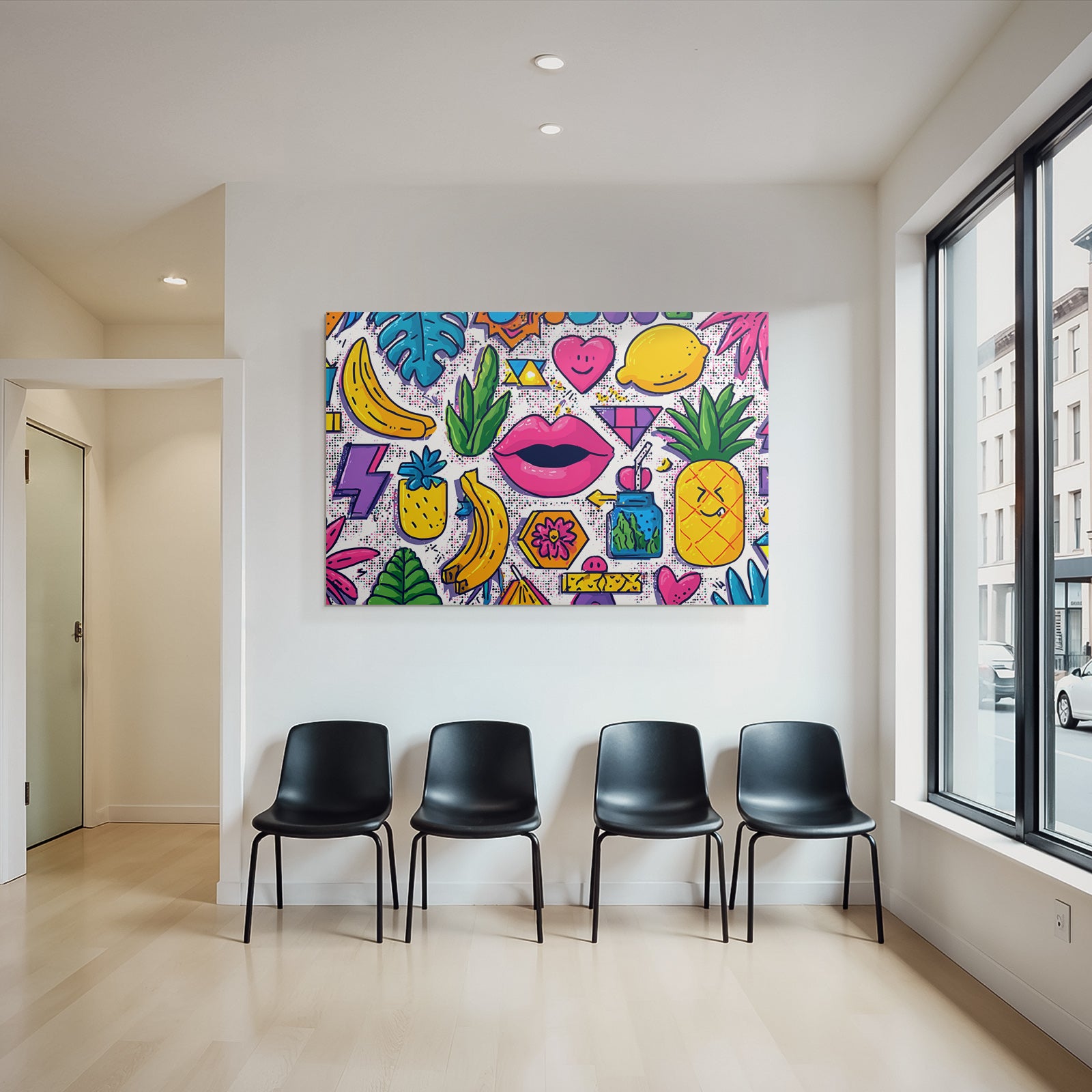 PopArt Buntes Tropisches Muster Mit Obst Blatt Geometrie Und Lippen