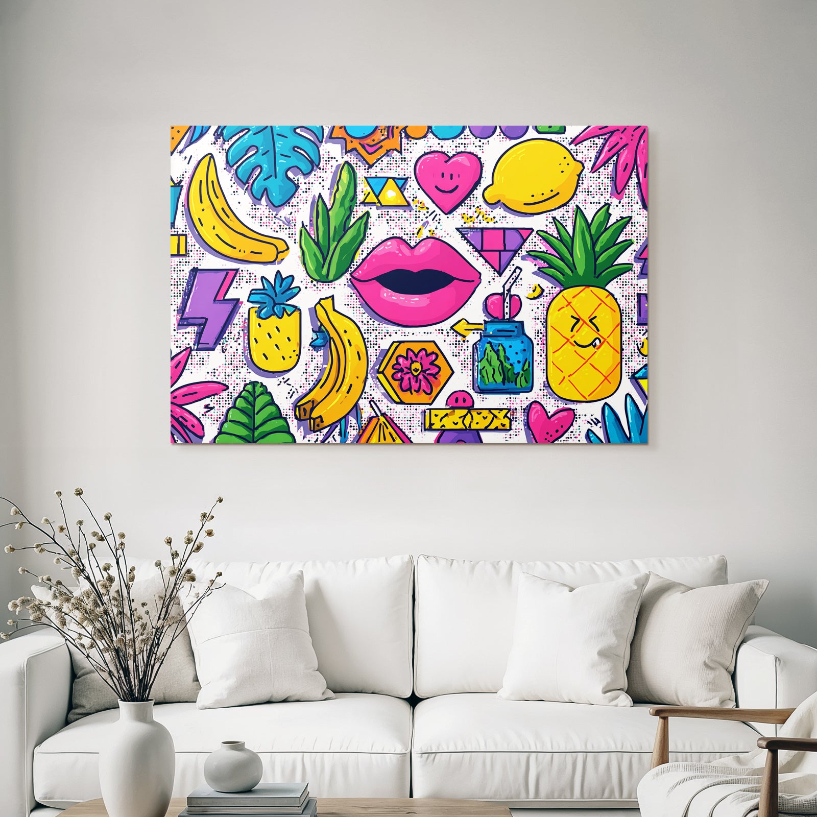 PopArt Buntes Tropisches Muster Mit Obst Blatt Geometrie Und Lippen