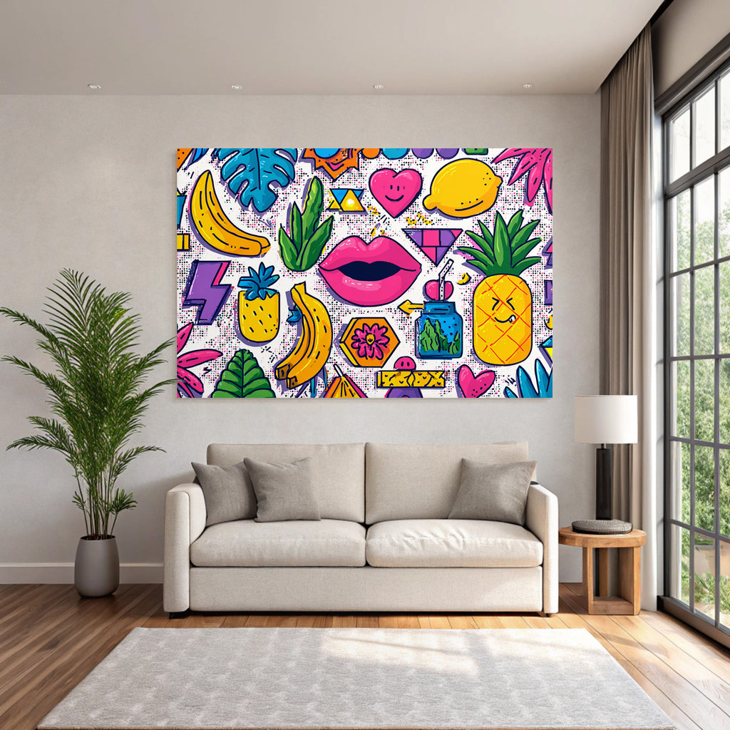 PopArt Buntes Tropisches Muster Mit Obst Blatt Geometrie Und Lippen