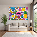 PopArt Buntes Tropisches Muster Mit Obst Blatt Geometrie Und Lippen