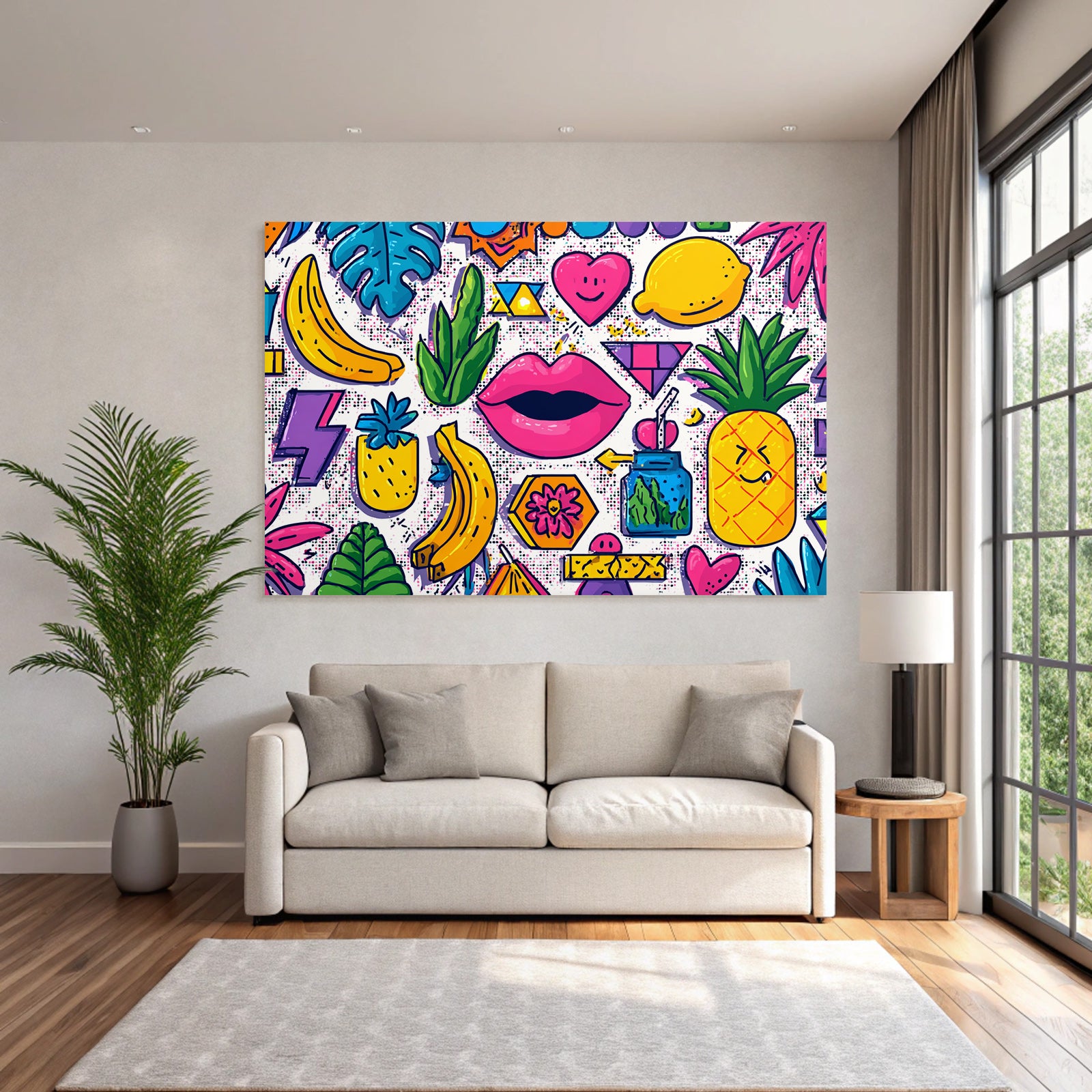 PopArt Buntes Tropisches Muster Mit Obst Blatt Geometrie Und Lippen