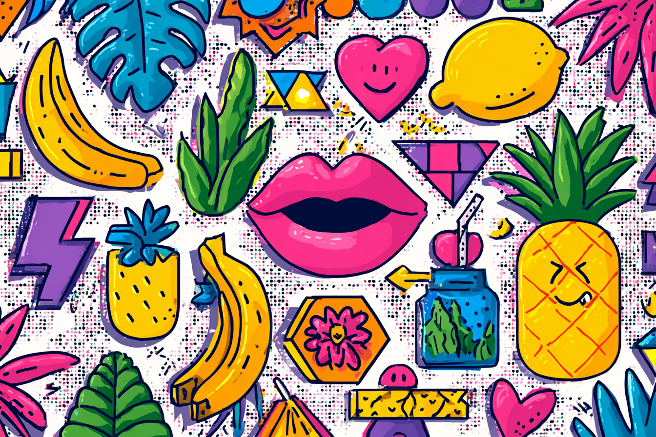 PopArt Buntes Tropisches Muster Mit Obst Blatt Geometrie Und Lippen | Pop Art | Stilrichtungen
