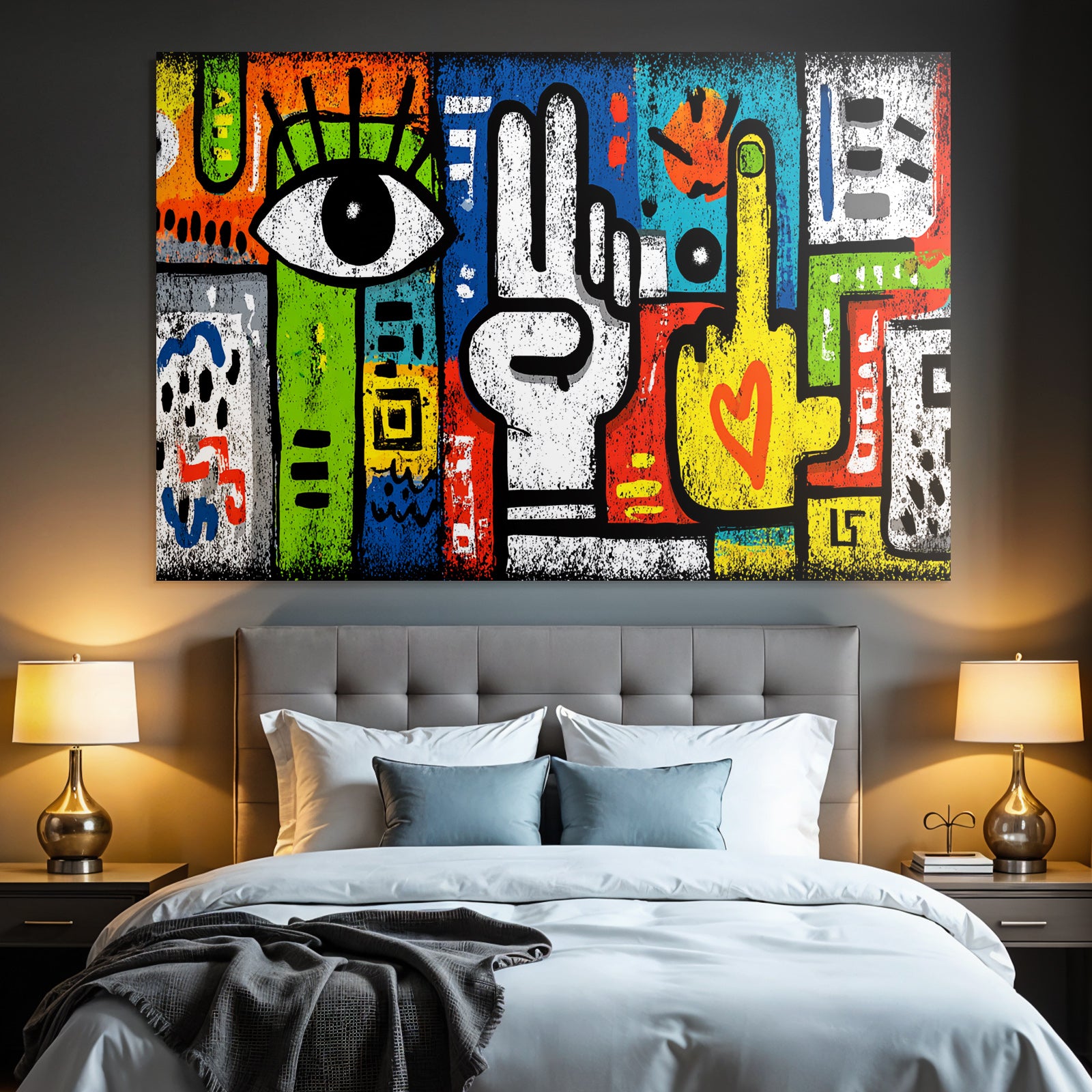 PopArt Farbig Und Abstrakt Kunstwerk Mit Auge Handgesten Und Vibranten Mustern