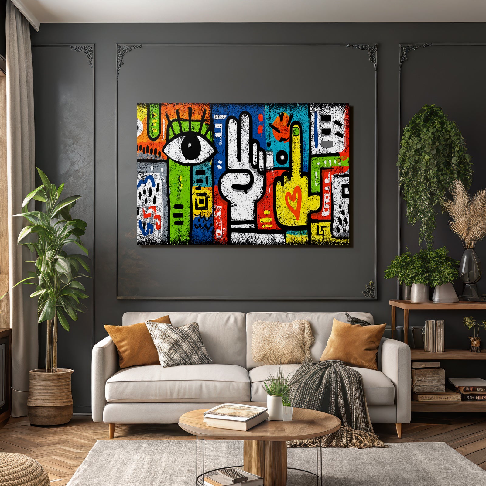 PopArt Farbig Und Abstrakt Kunstwerk Mit Auge Handgesten Und Vibranten Mustern