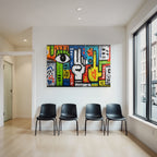 PopArt Farbig Und Abstrakt Kunstwerk Mit Auge Handgesten Und Vibranten Mustern