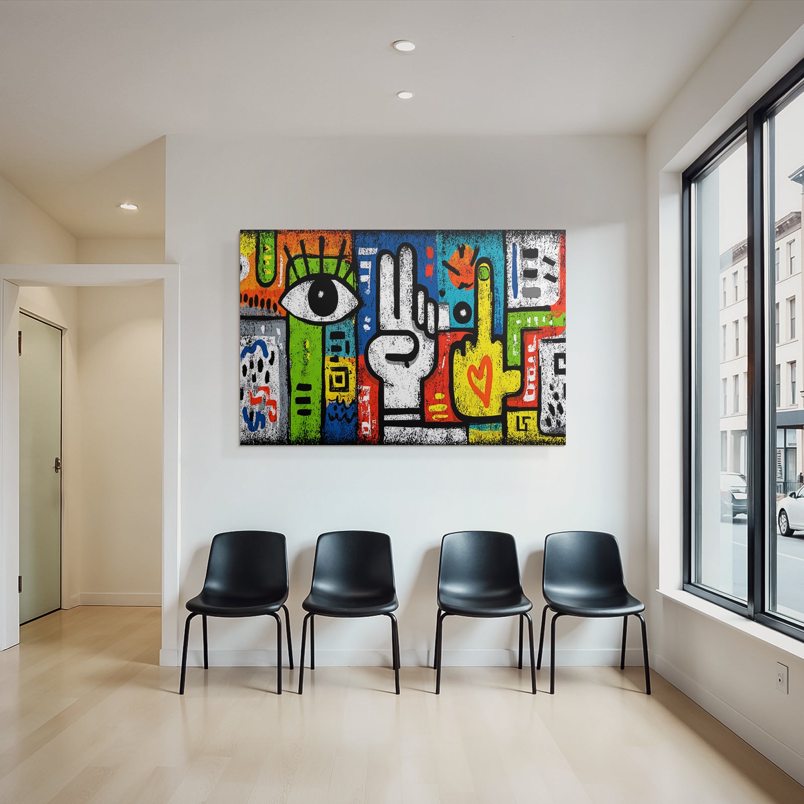 PopArt Farbig Und Abstrakt Kunstwerk Mit Auge Handgesten Und Vibranten Mustern