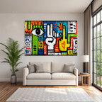 PopArt Farbig Und Abstrakt Kunstwerk Mit Auge Handgesten Und Vibranten Mustern