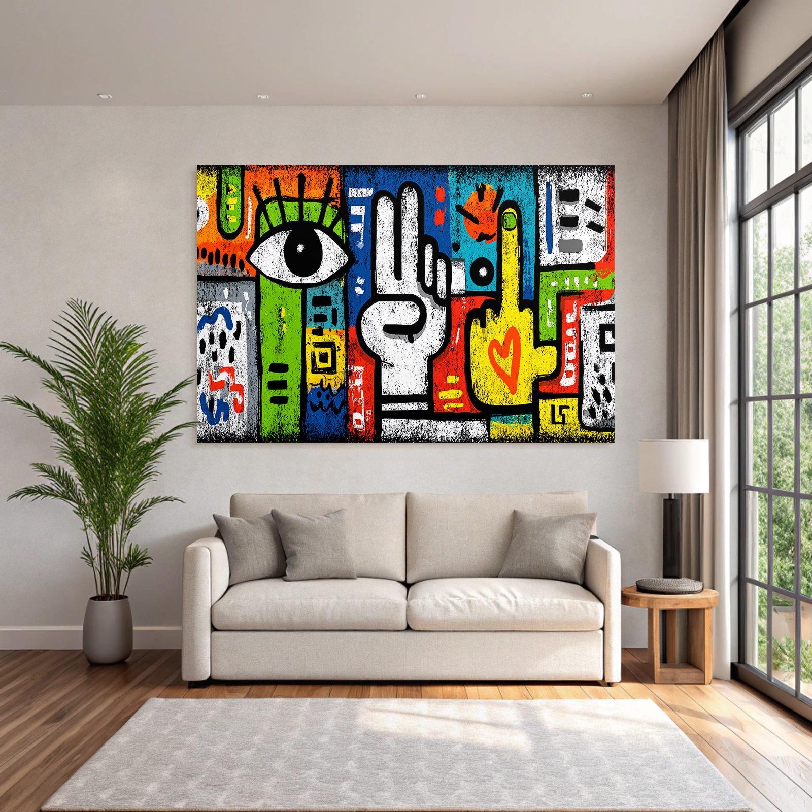 PopArt Farbig Und Abstrakt Kunstwerk Mit Auge Handgesten Und Vibranten Mustern