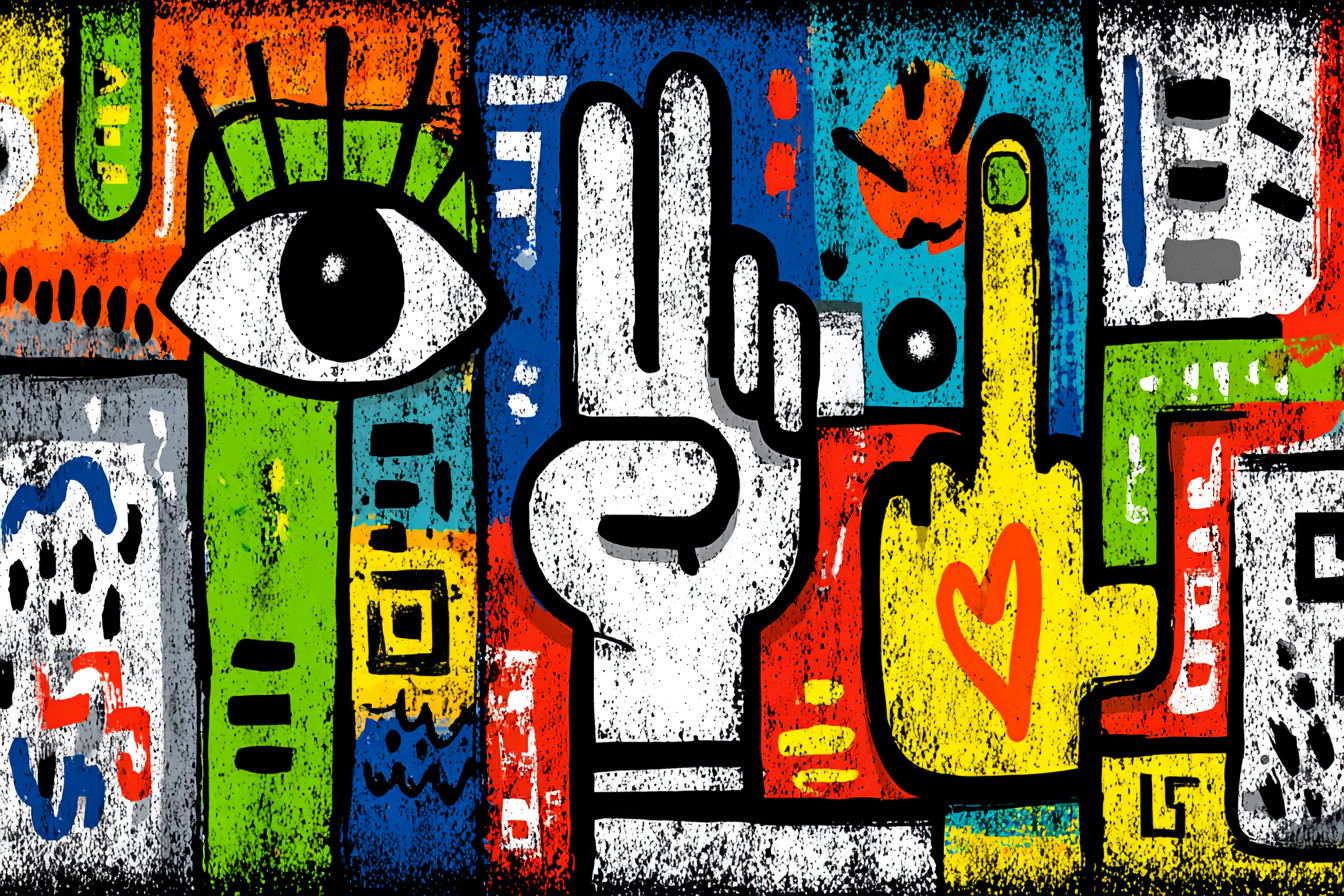 PopArt Farbig Und Abstrakt Kunstwerk Mit Auge Handgesten Und Vibranten Mustern | Pop Art | Stilrichtungen
