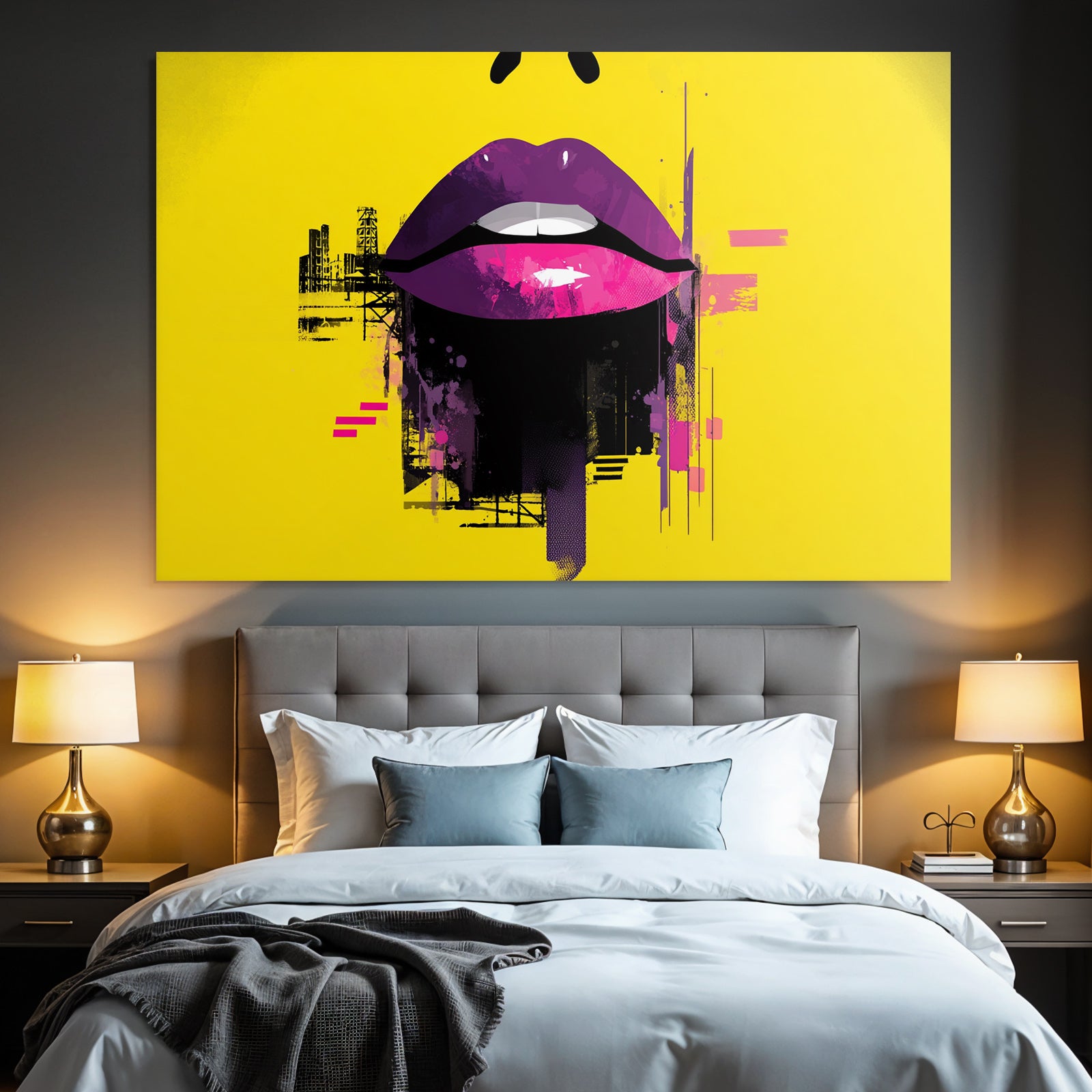 PopArt Grafikdesign Stilisierte Lippen Vibrante Farben Gelber Hintergrund
