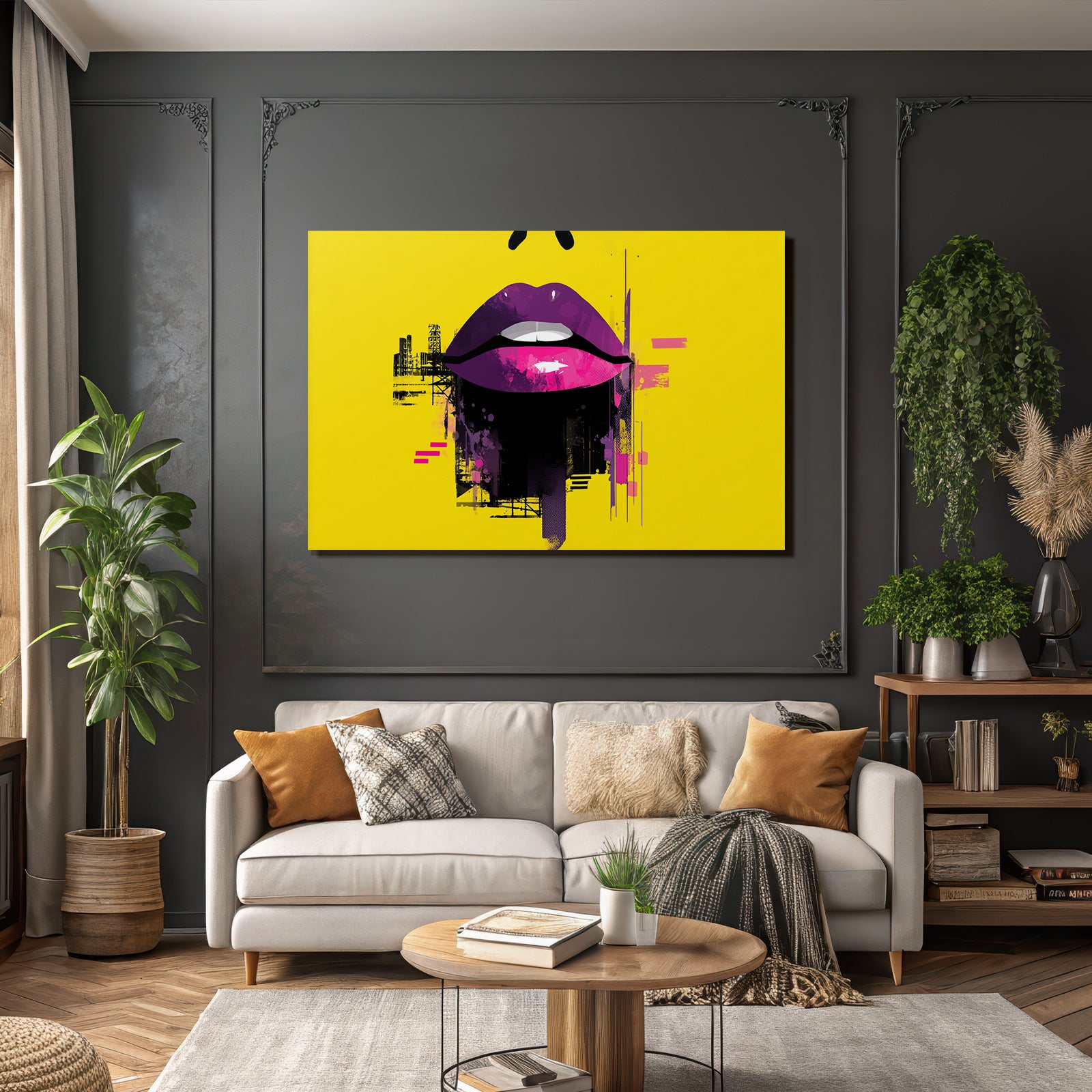 PopArt Grafikdesign Stilisierte Lippen Vibrante Farben Gelber Hintergrund