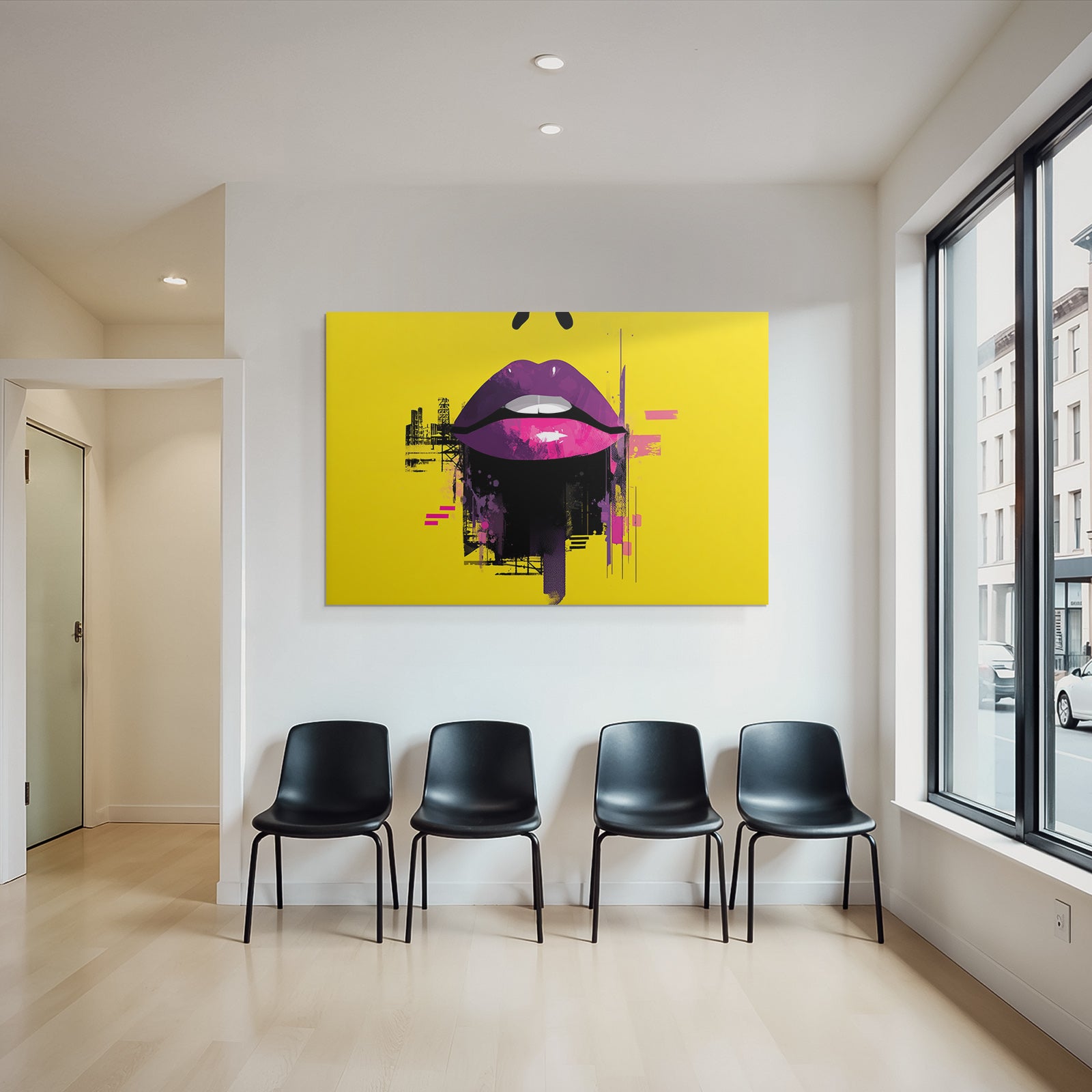 PopArt Grafikdesign Stilisierte Lippen Vibrante Farben Gelber Hintergrund