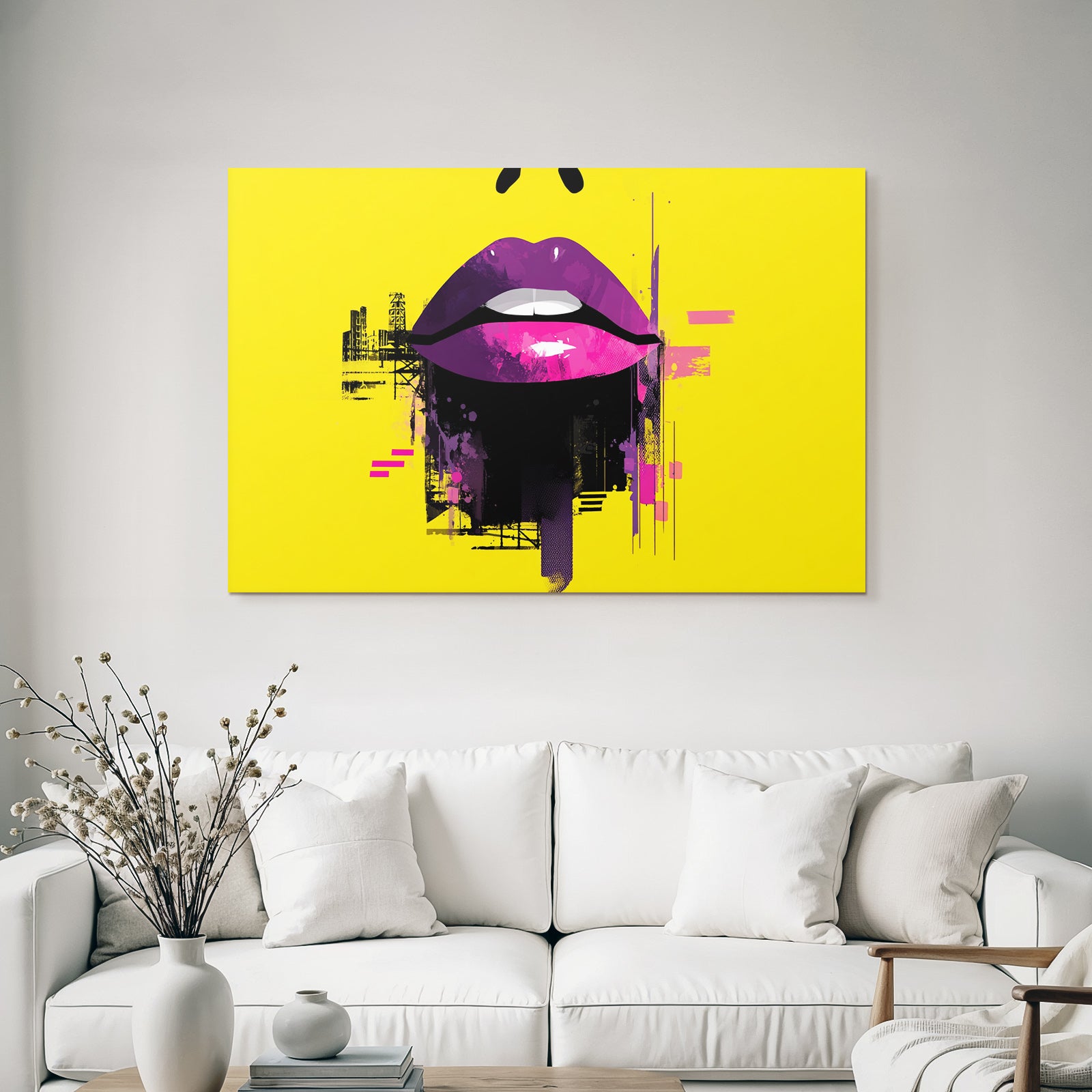 PopArt Grafikdesign Stilisierte Lippen Vibrante Farben Gelber Hintergrund