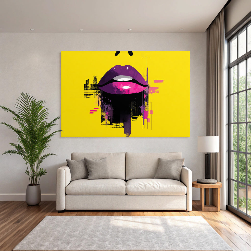 PopArt Grafikdesign Stilisierte Lippen Vibrante Farben Gelber Hintergrund