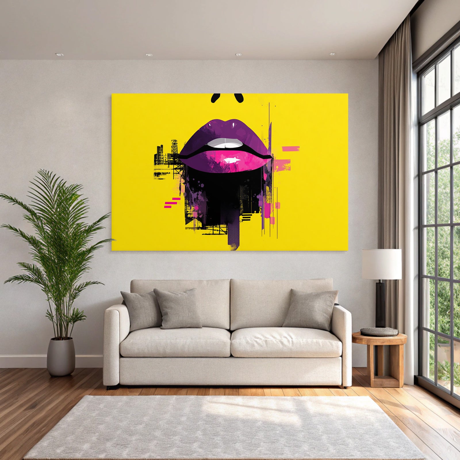 PopArt Grafikdesign Stilisierte Lippen Vibrante Farben Gelber Hintergrund