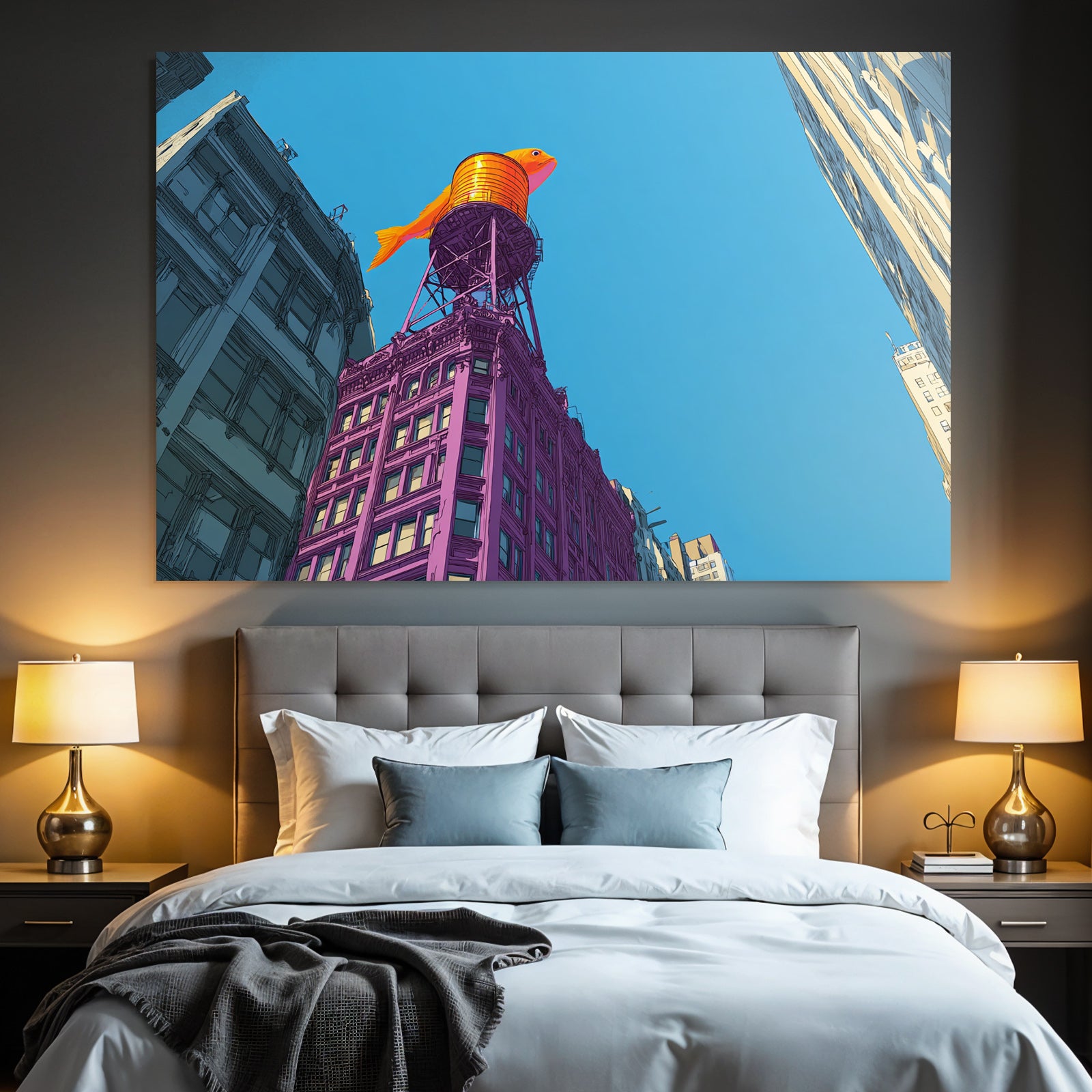 PopArt Illustration Gebaeude Mit Orangen Fischwasserturm Blaür Himmel