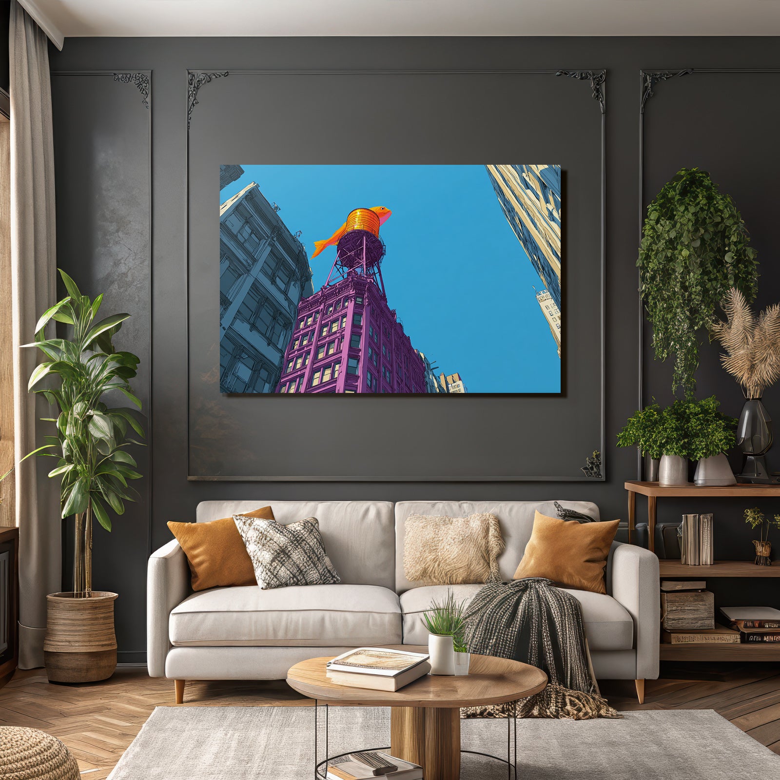 PopArt Illustration Gebaeude Mit Orangen Fischwasserturm Blaür Himmel
