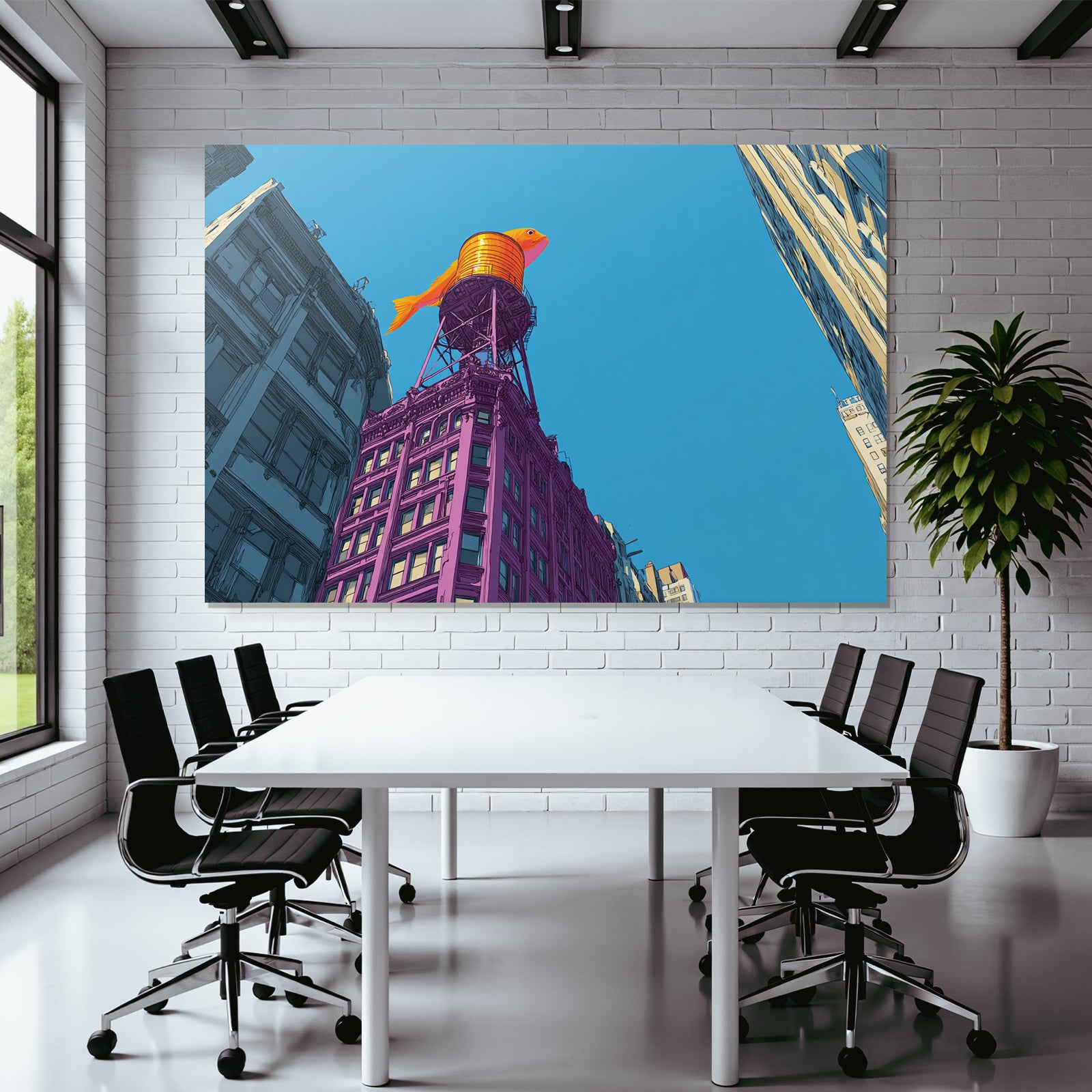 PopArt Illustration Gebaeude Mit Orangen Fischwasserturm Blaür Himmel