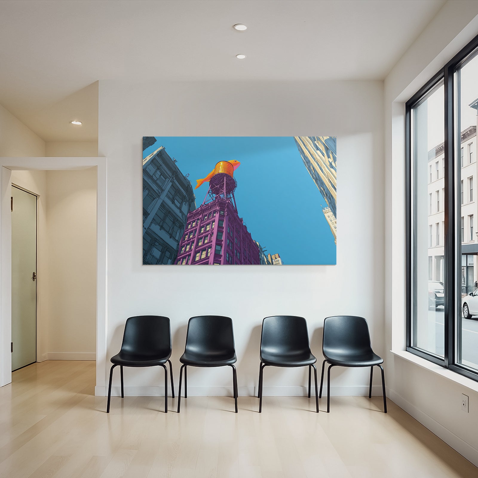 PopArt Illustration Gebaeude Mit Orangen Fischwasserturm Blaür Himmel
