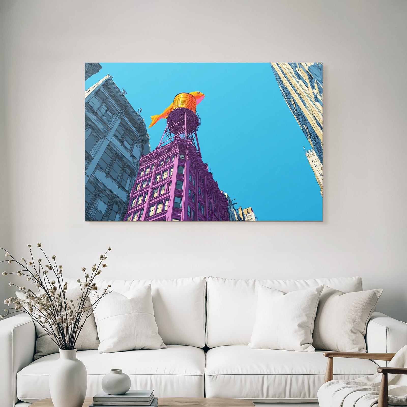 PopArt Illustration Gebaeude Mit Orangen Fischwasserturm Blaür Himmel