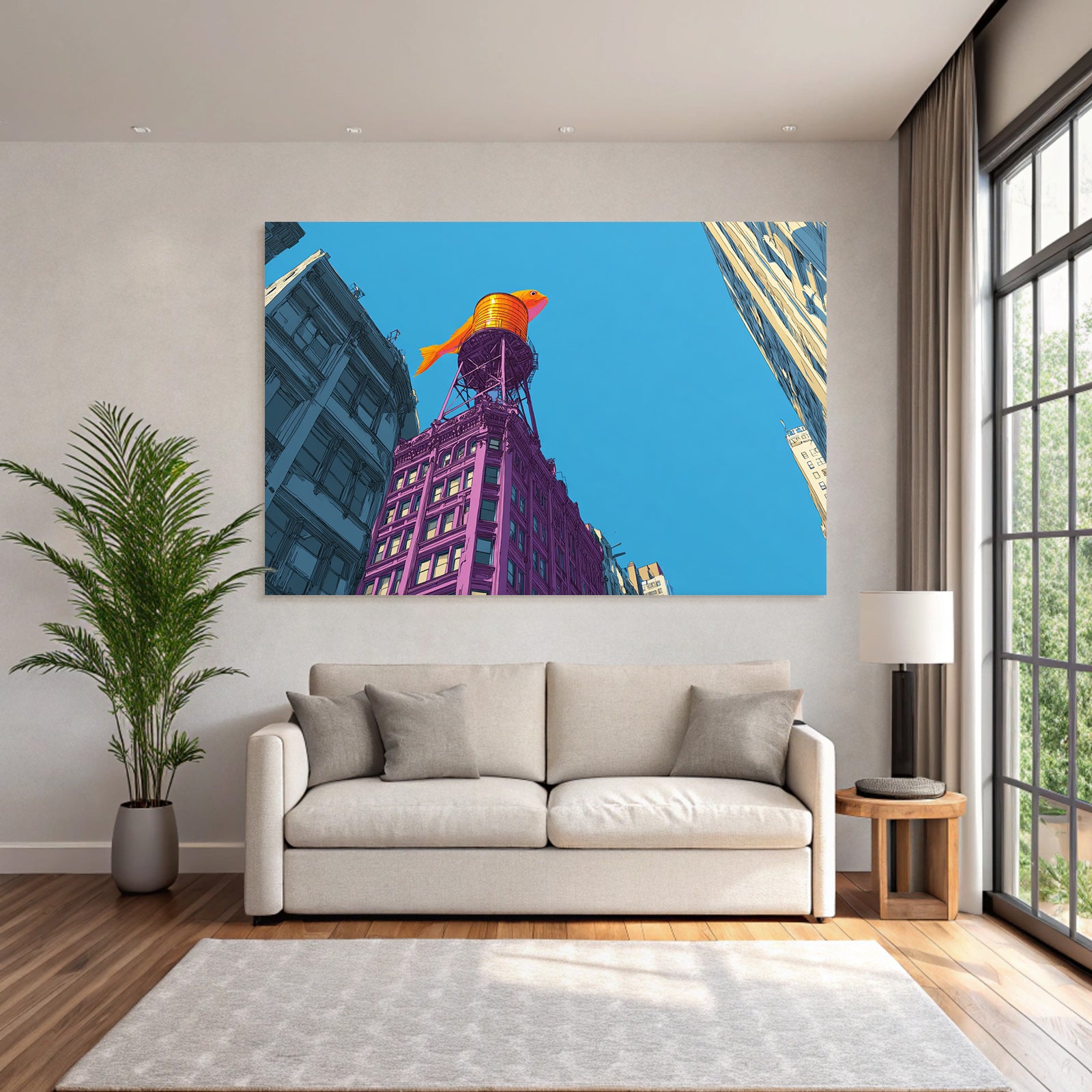 PopArt Illustration Gebaeude Mit Orangen Fischwasserturm Blaür Himmel