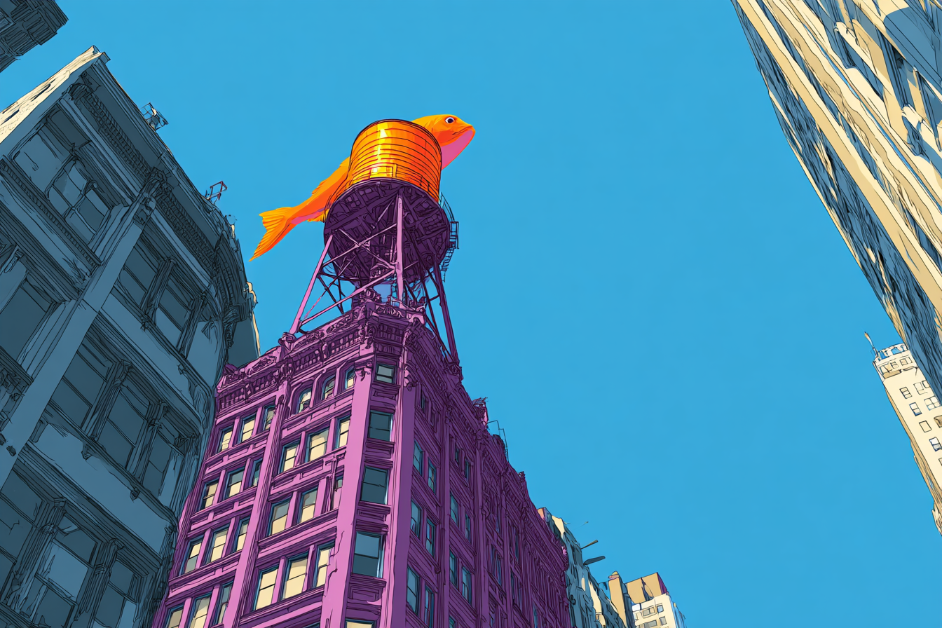 PopArt Illustration Gebaeude Mit Orangen Fischwasserturm Blaür Himmel | Pop Art | Stilrichtungen
