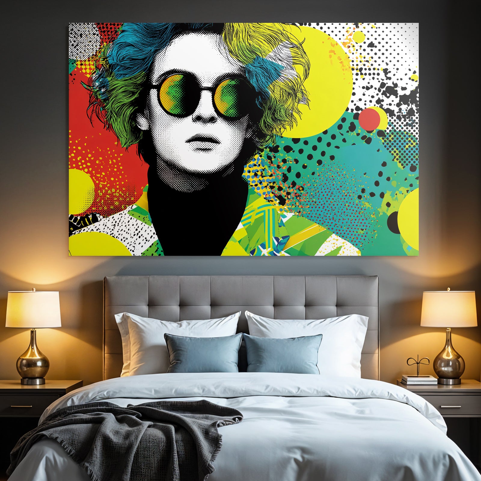 PopArt Künstlerische Illustration Figur Mit Bunten Haaren Und Sonnenbrille