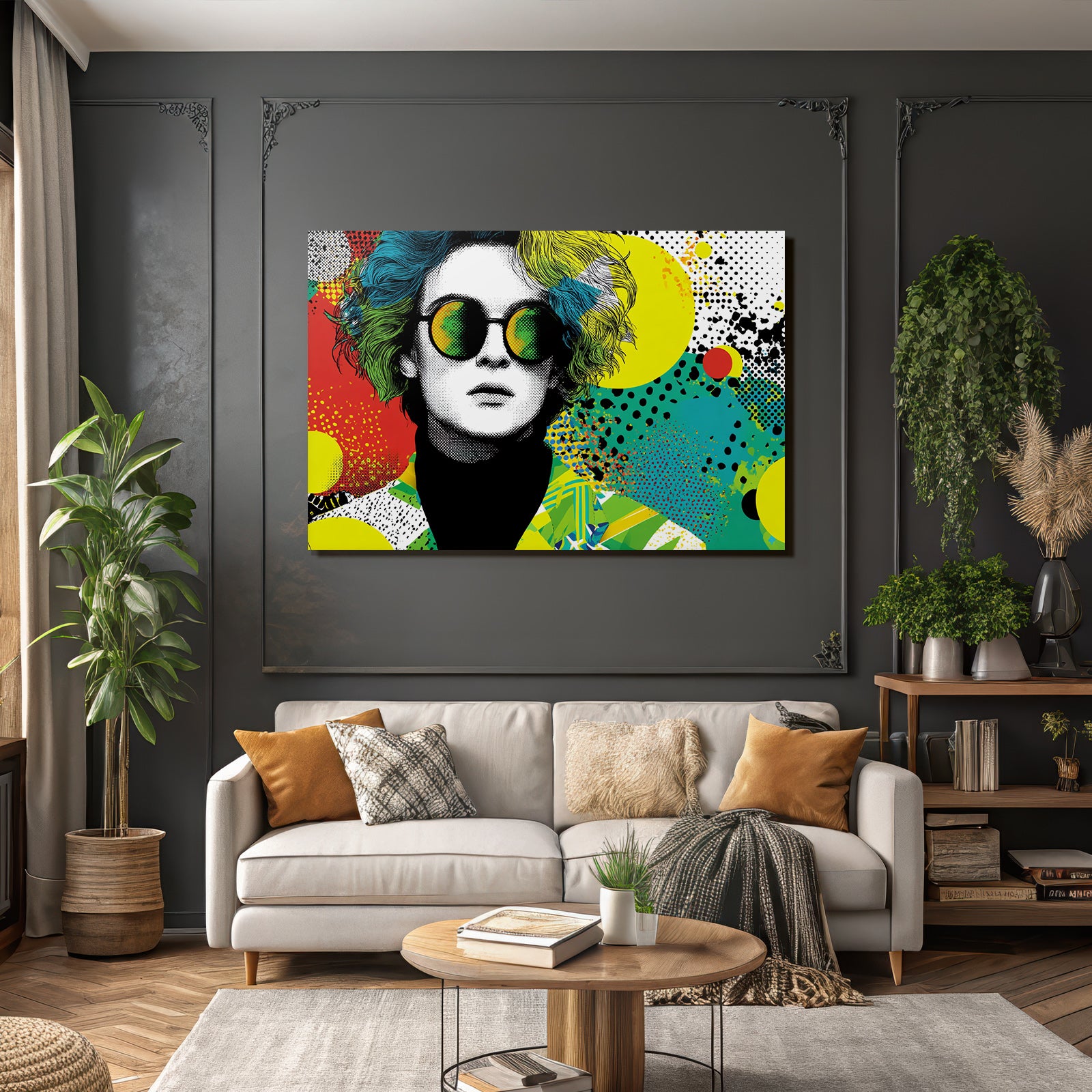 PopArt Künstlerische Illustration Figur Mit Bunten Haaren Und Sonnenbrille