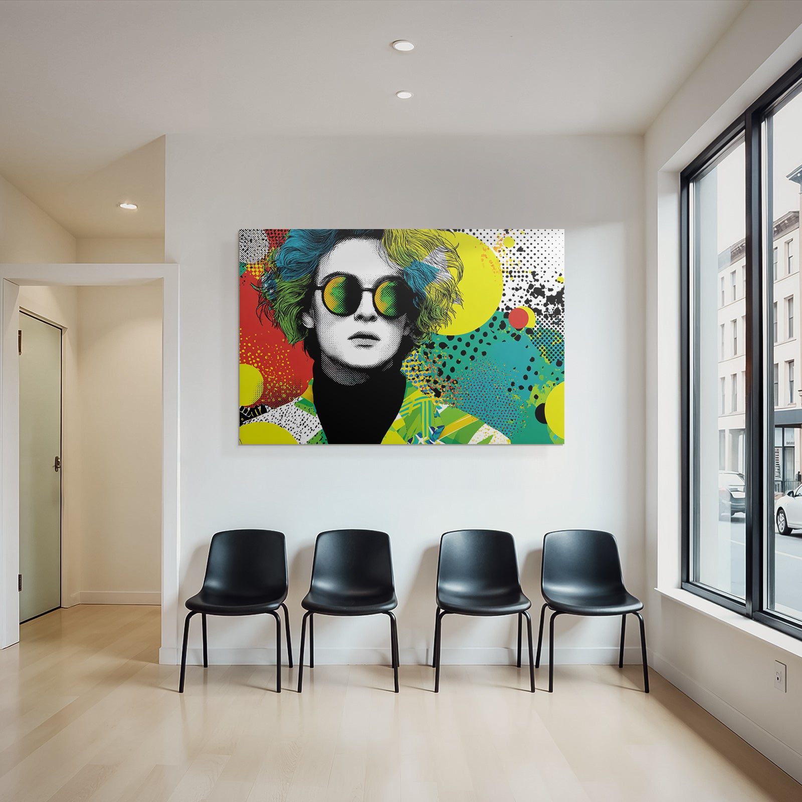 PopArt Künstlerische Illustration Figur Mit Bunten Haaren Und Sonnenbrille