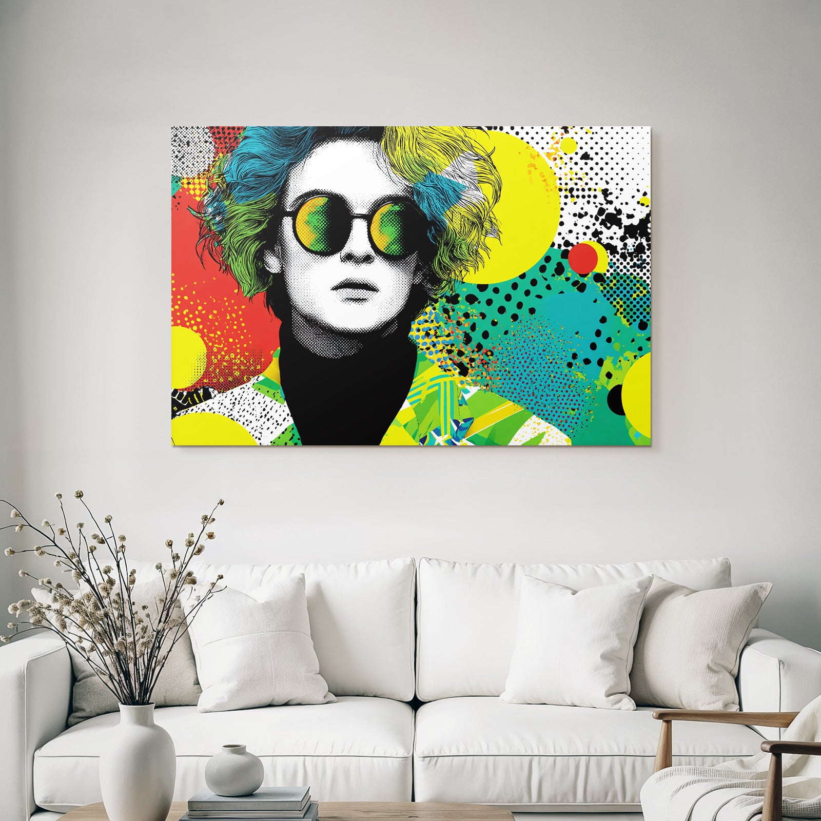 PopArt Künstlerische Illustration Figur Mit Bunten Haaren Und Sonnenbrille