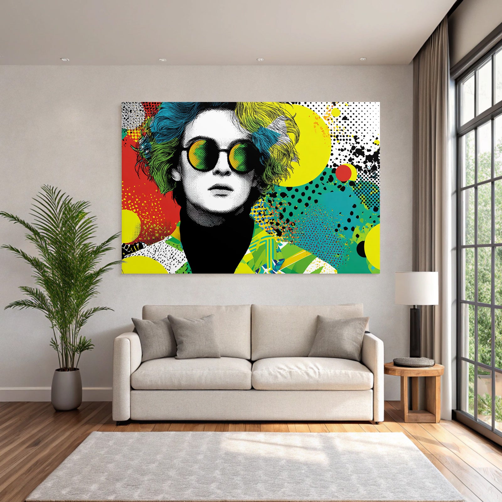 PopArt Künstlerische Illustration Figur Mit Bunten Haaren Und Sonnenbrille