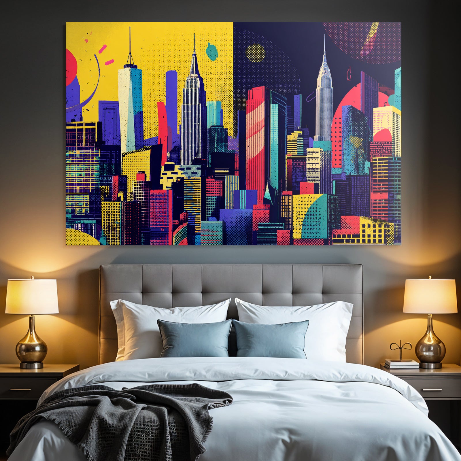 PopArt Kunstvolle Stadtlandschaft Mit Wolkenkratzern Und Fantasievoller Architektur