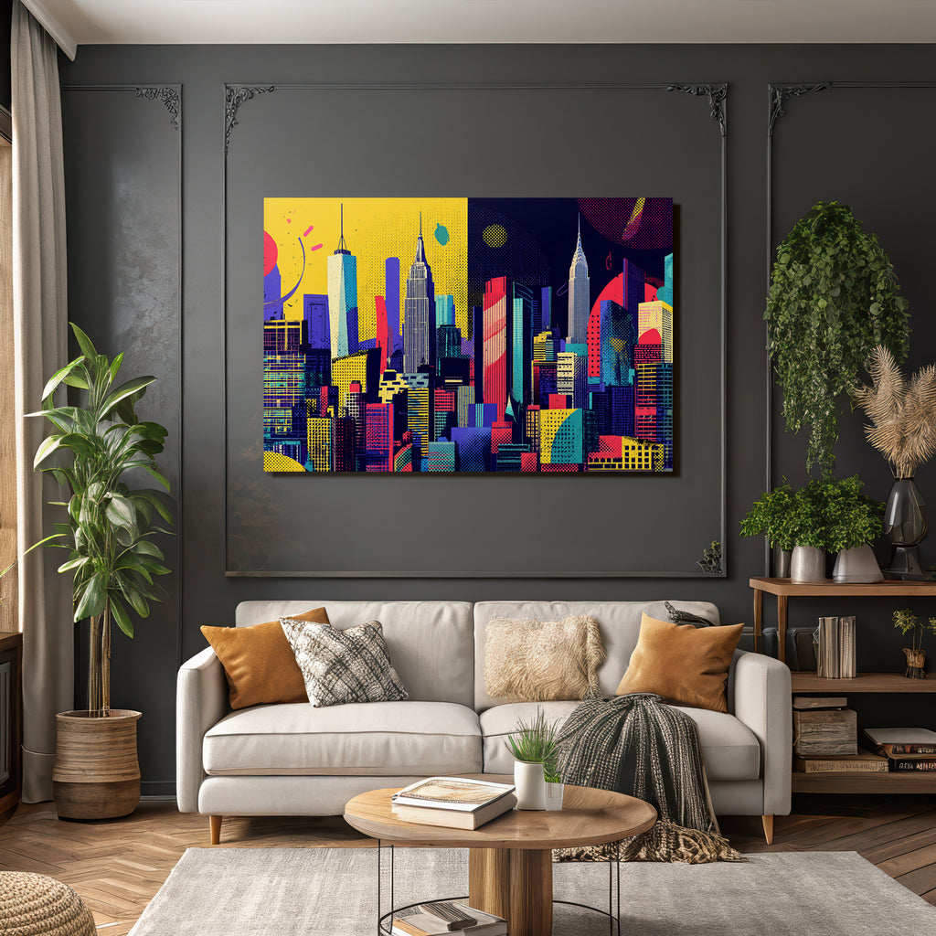 PopArt Kunstvolle Stadtlandschaft Mit Wolkenkratzern Und Fantasievoller Architektur