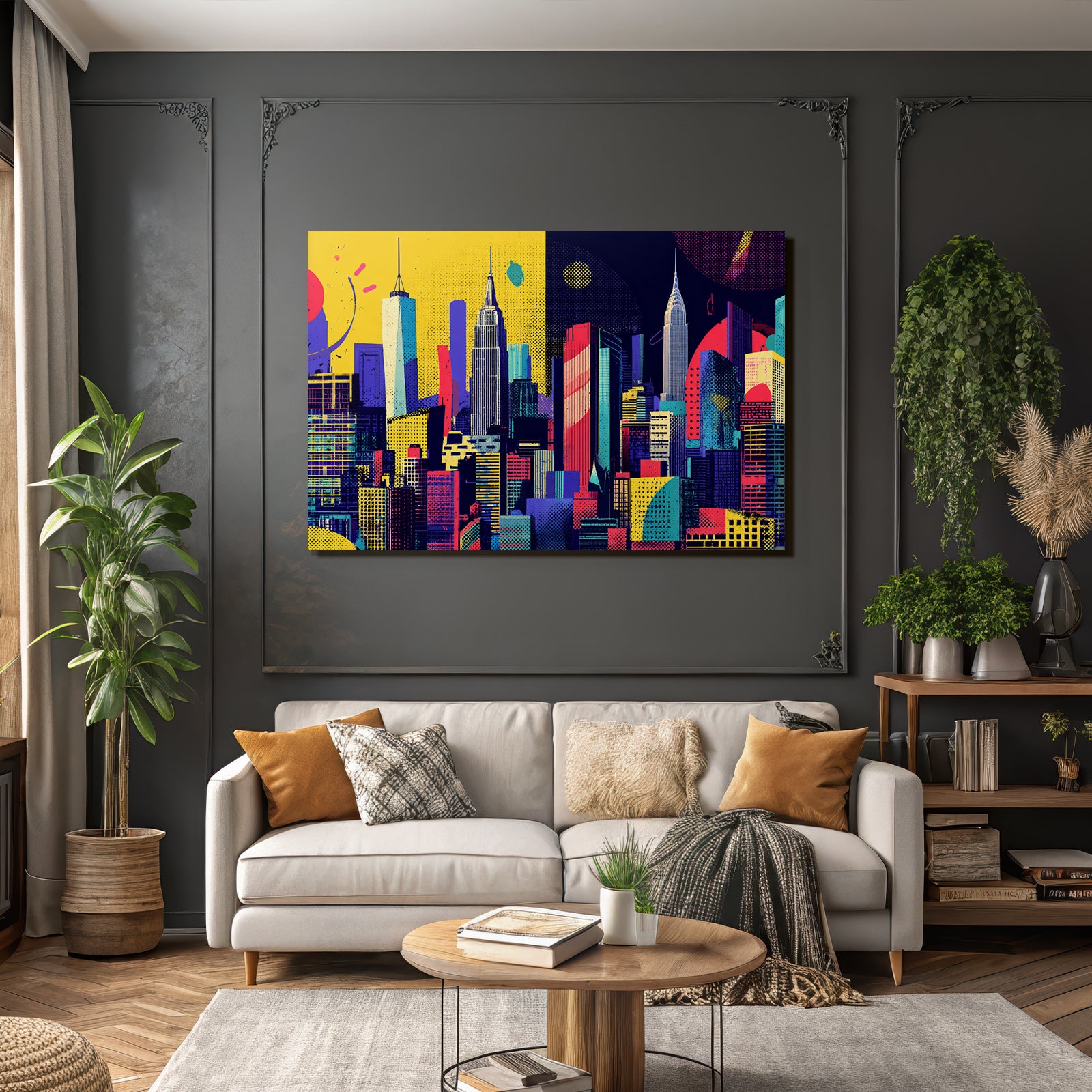 PopArt Kunstvolle Stadtlandschaft Mit Wolkenkratzern Und Fantasievoller Architektur