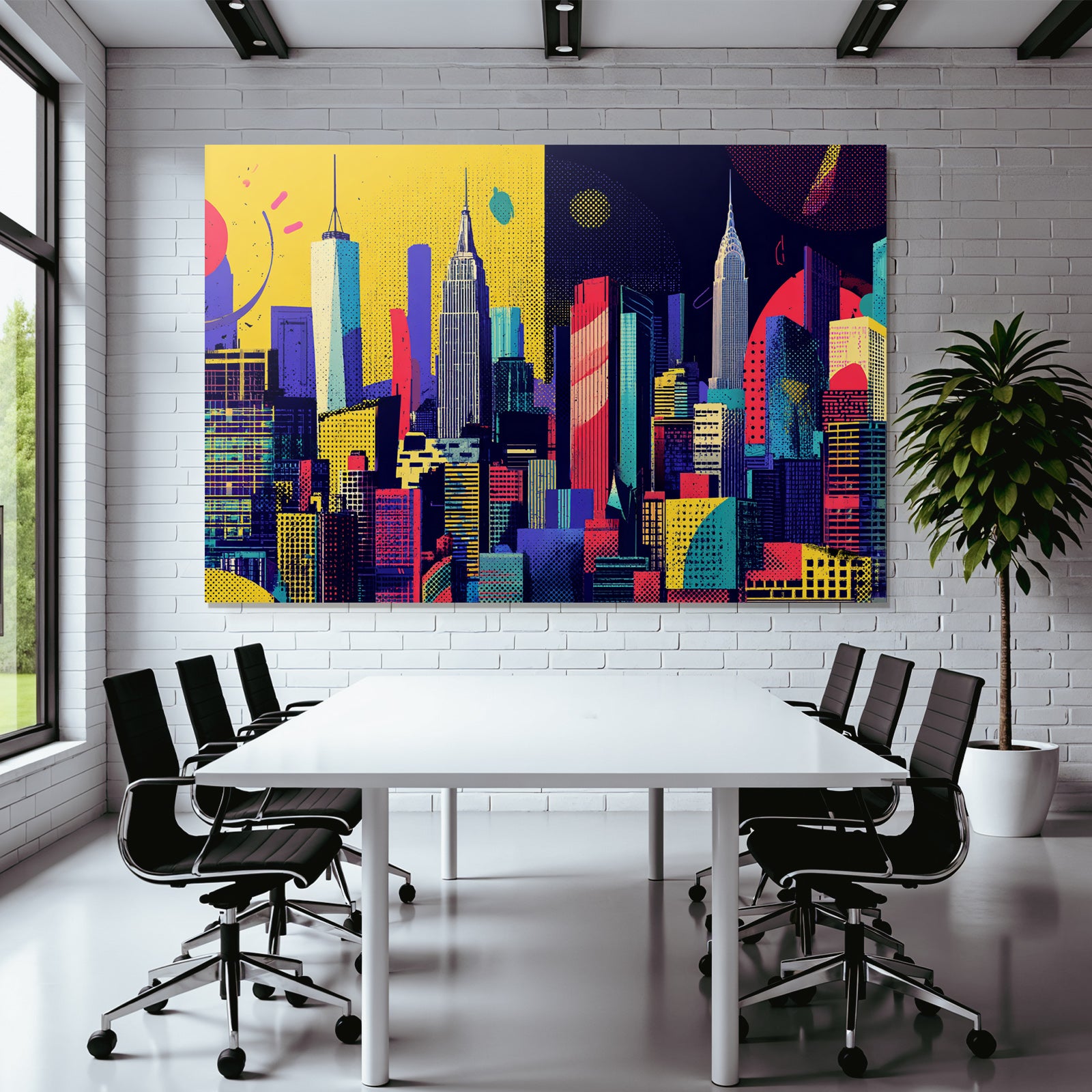 PopArt Kunstvolle Stadtlandschaft Mit Wolkenkratzern Und Fantasievoller Architektur